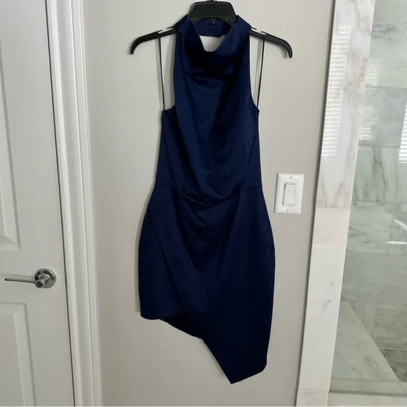 Elliatt - Camo Asymmetric Satin Cocktail Dress in Navy - S - Picture 4 of 8